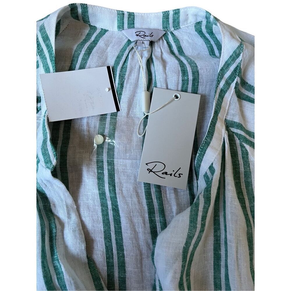 NEW RAILS Jasmine Dress Size L Green White Linen Blend Mini Long Sleeve - Picture 5 of 12